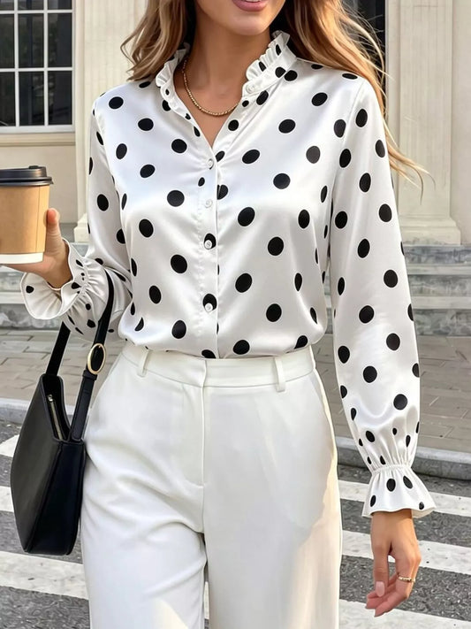 Women's Ruffle Trim Satin Button-Down Shirt