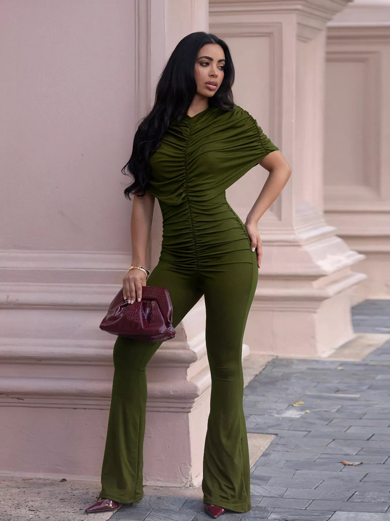 Ruched Flare Leg Jumpsuit  Shop One Place