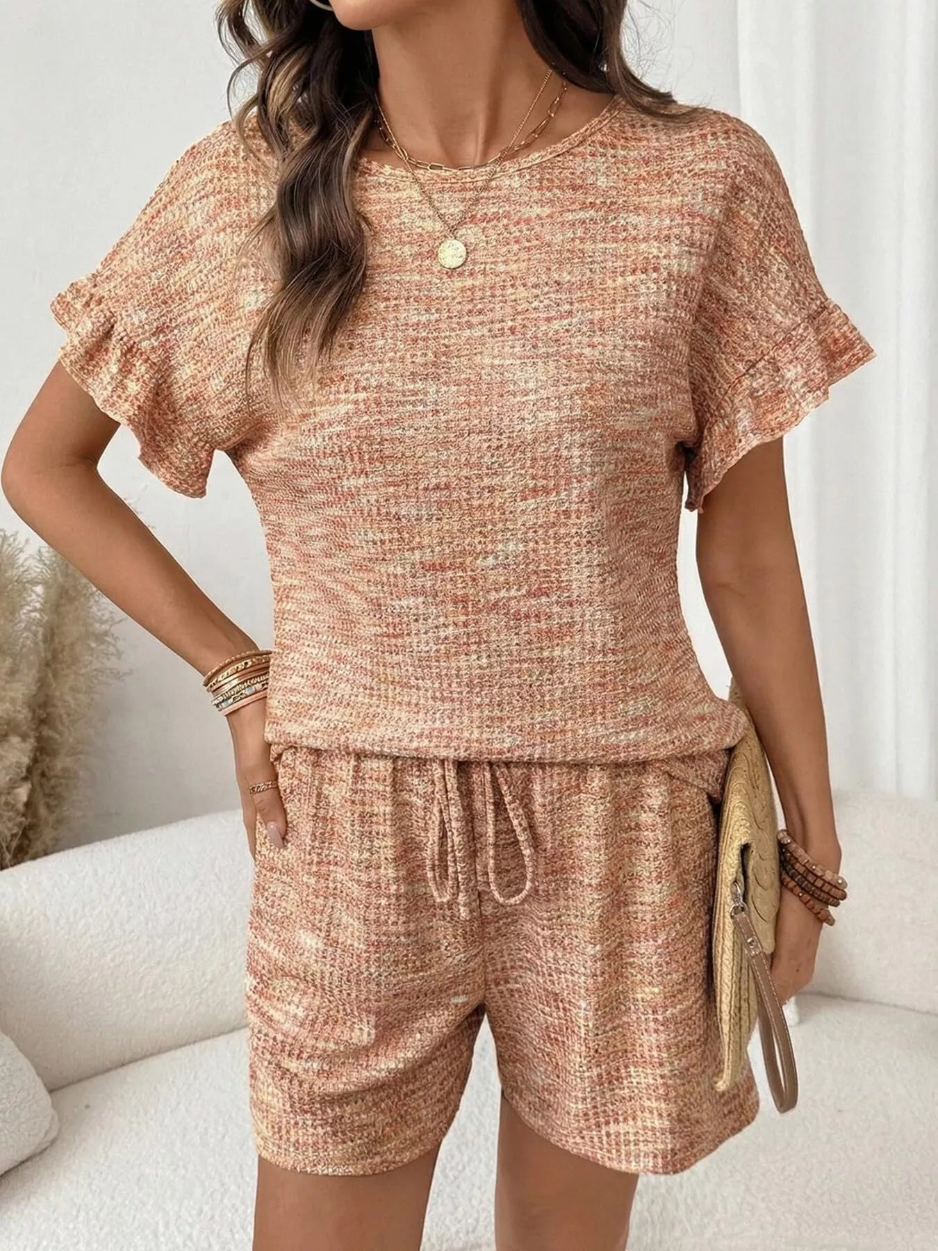 Ruffle Sleeve Textured Top and Shorts Set  Shop One Place