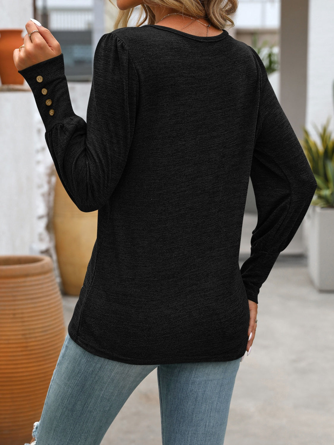 Decorative Button Round Neck Long Sleeve T-Shirt  Shop One Place