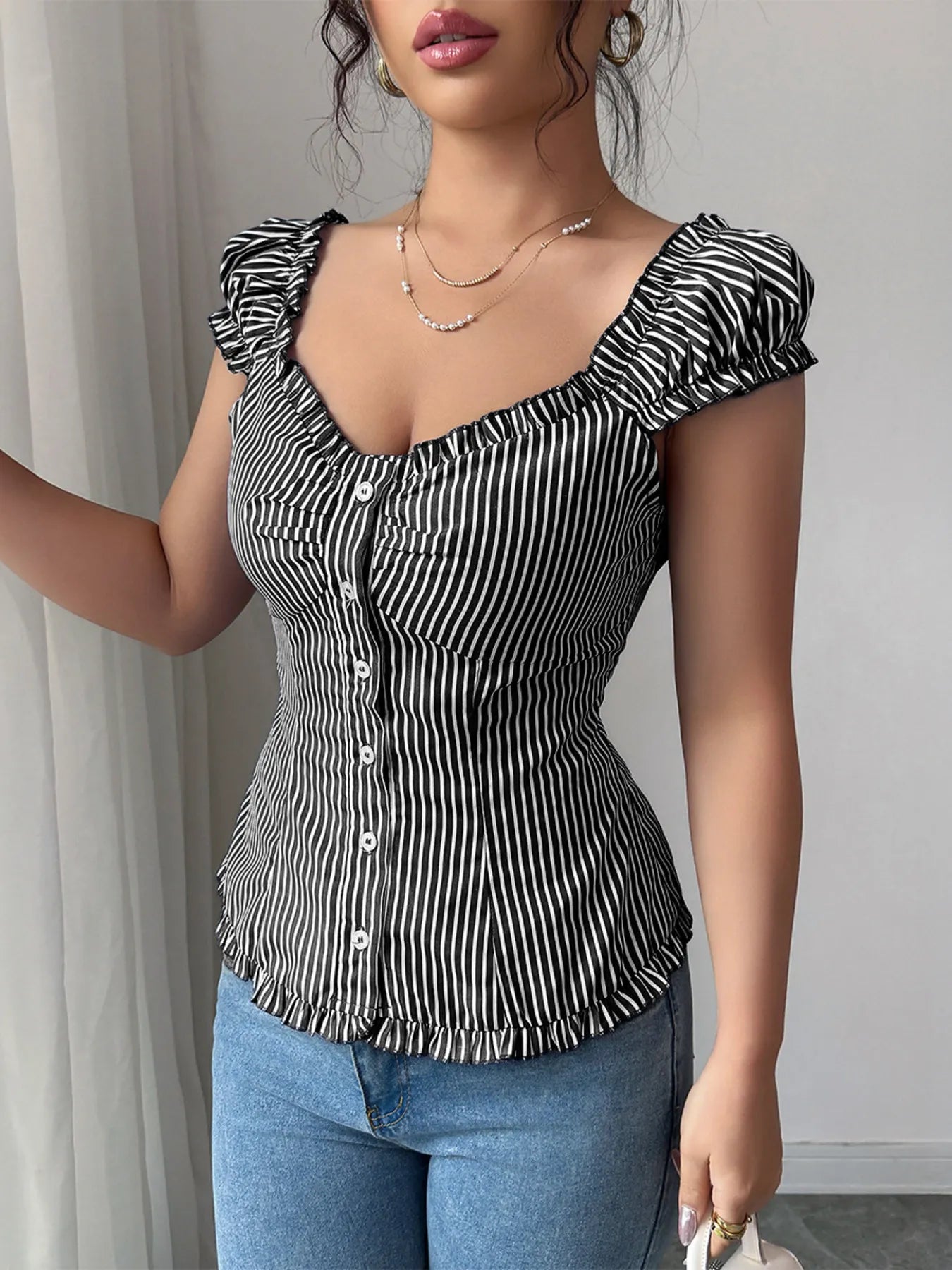 Striped Cap Sleeve Shirt  Shop One Place