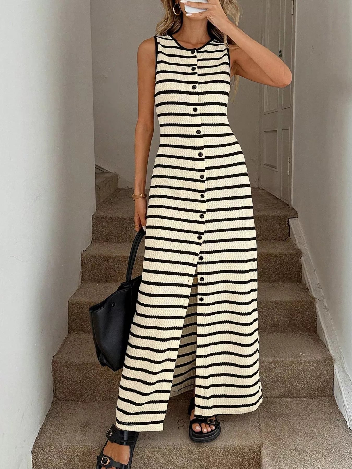 Striped Button-Front Sleeveless Maxi Dress – Cotton Blend Slit Dress for Women  Shop One Place