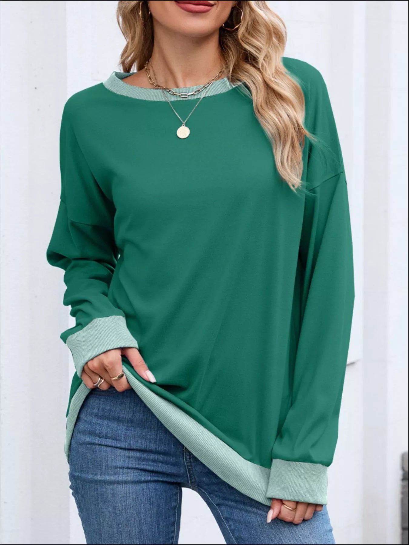 Contrast Trim Long Sleeve Sweatshirt  Shop One Place