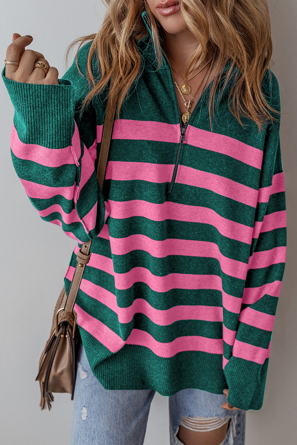 Striped Collared Quarter Zip Oversized Sweater