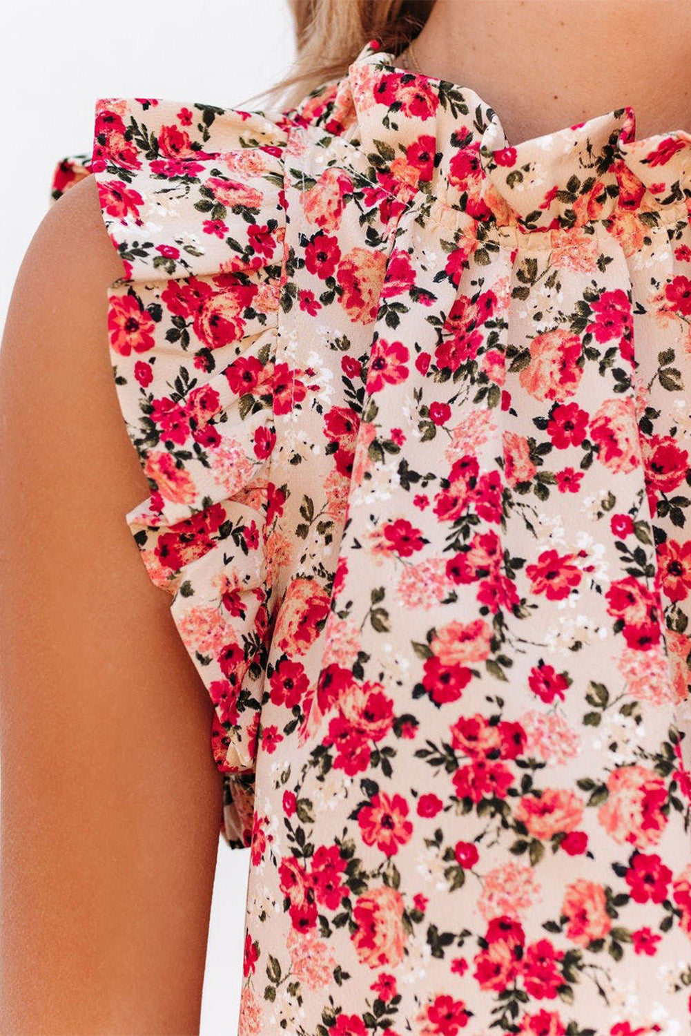 Red Boho Floral Print Ruffled Mock Neck Sleeveless Shirt