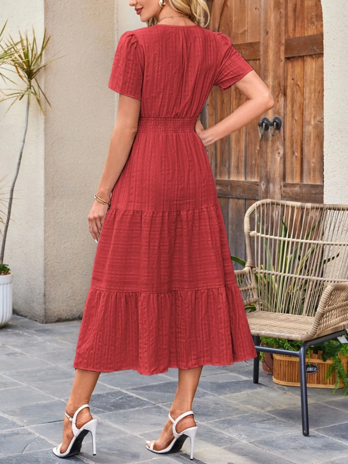 Tiered Notched Short Sleeve Dress  Shop One Place