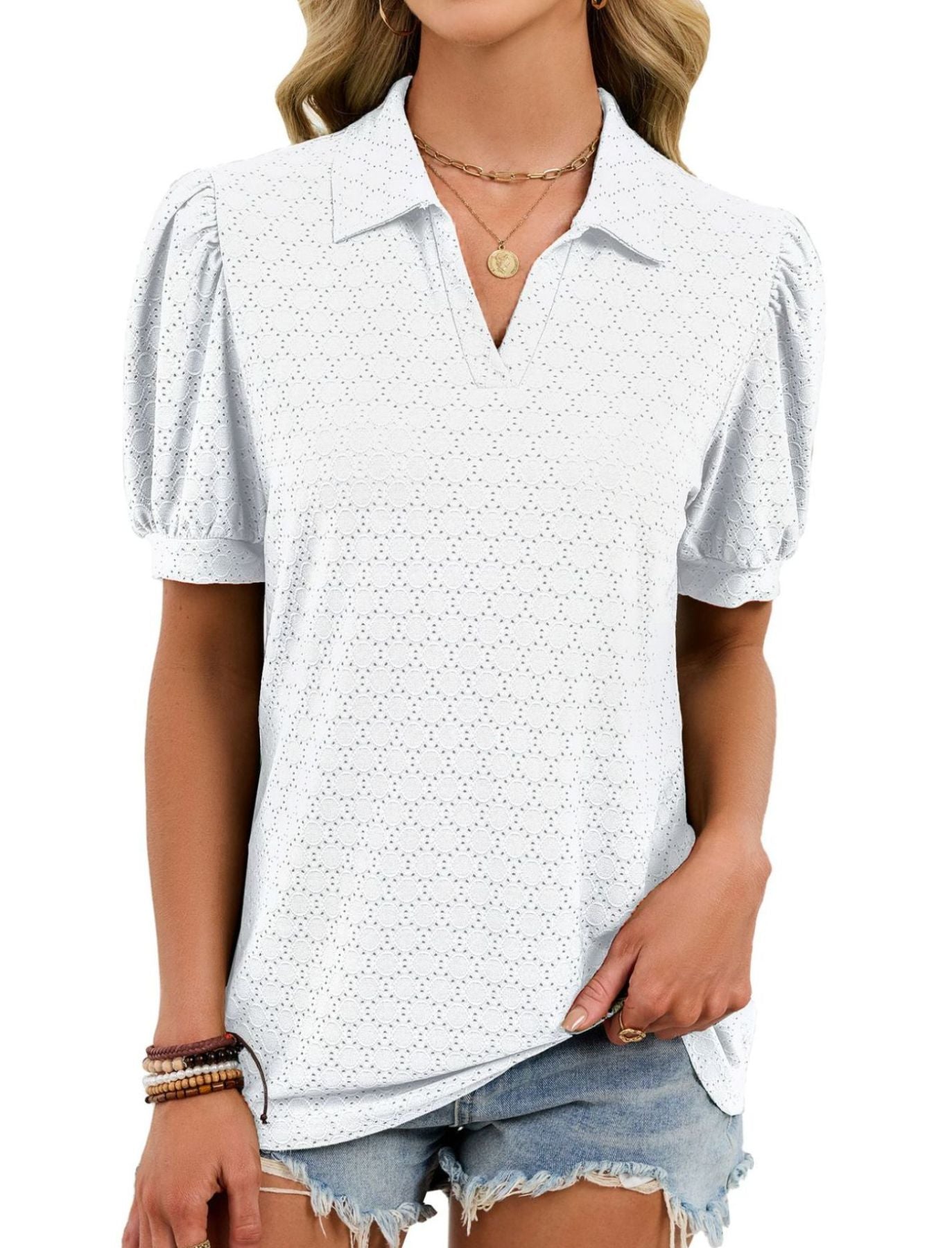 Eyelet Johnny Collar Puff Sleeve Top  Shop One Place