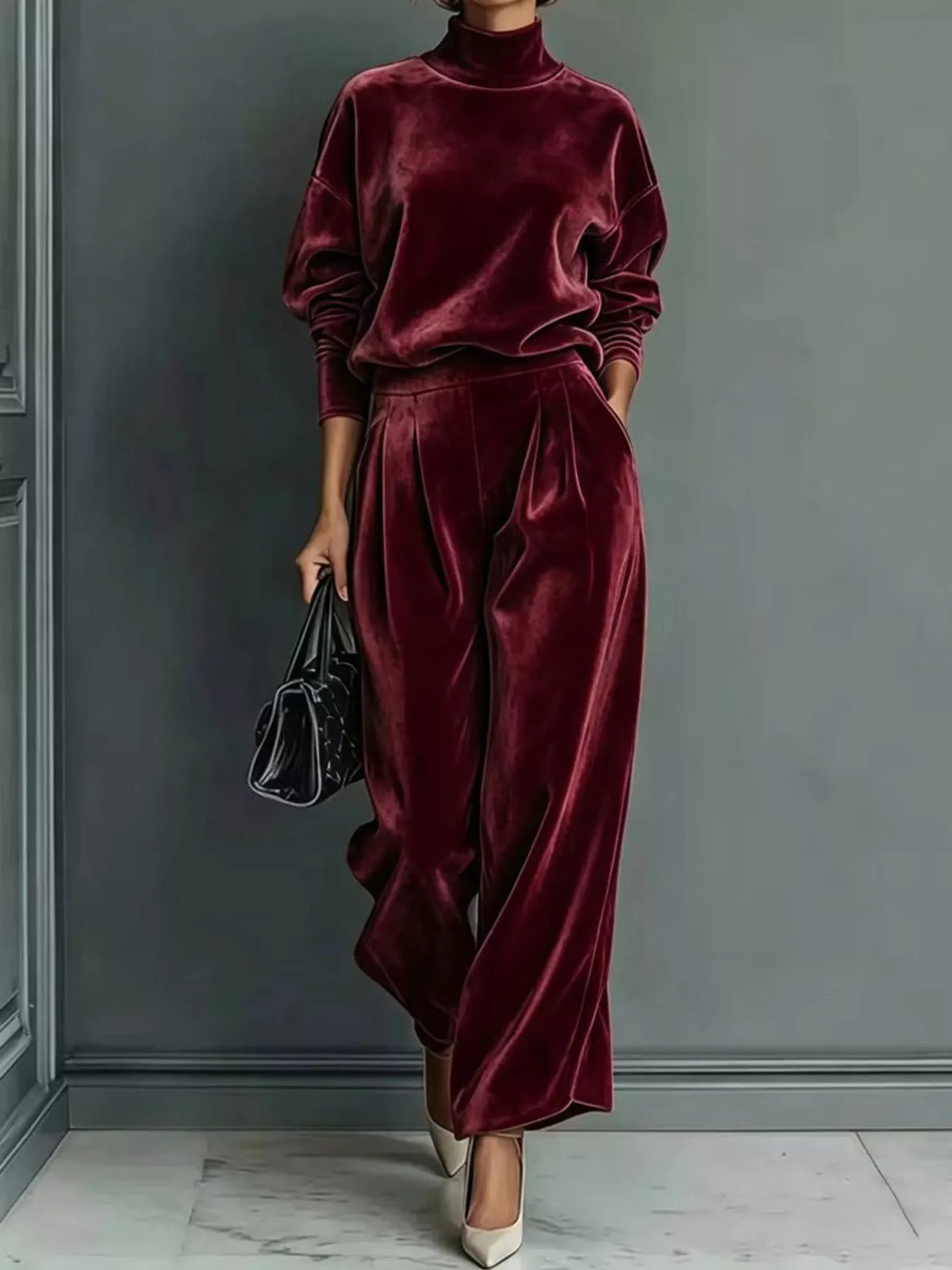 Women's Velvet Mock Neck Top & Wide-Leg Pants Set – view 15