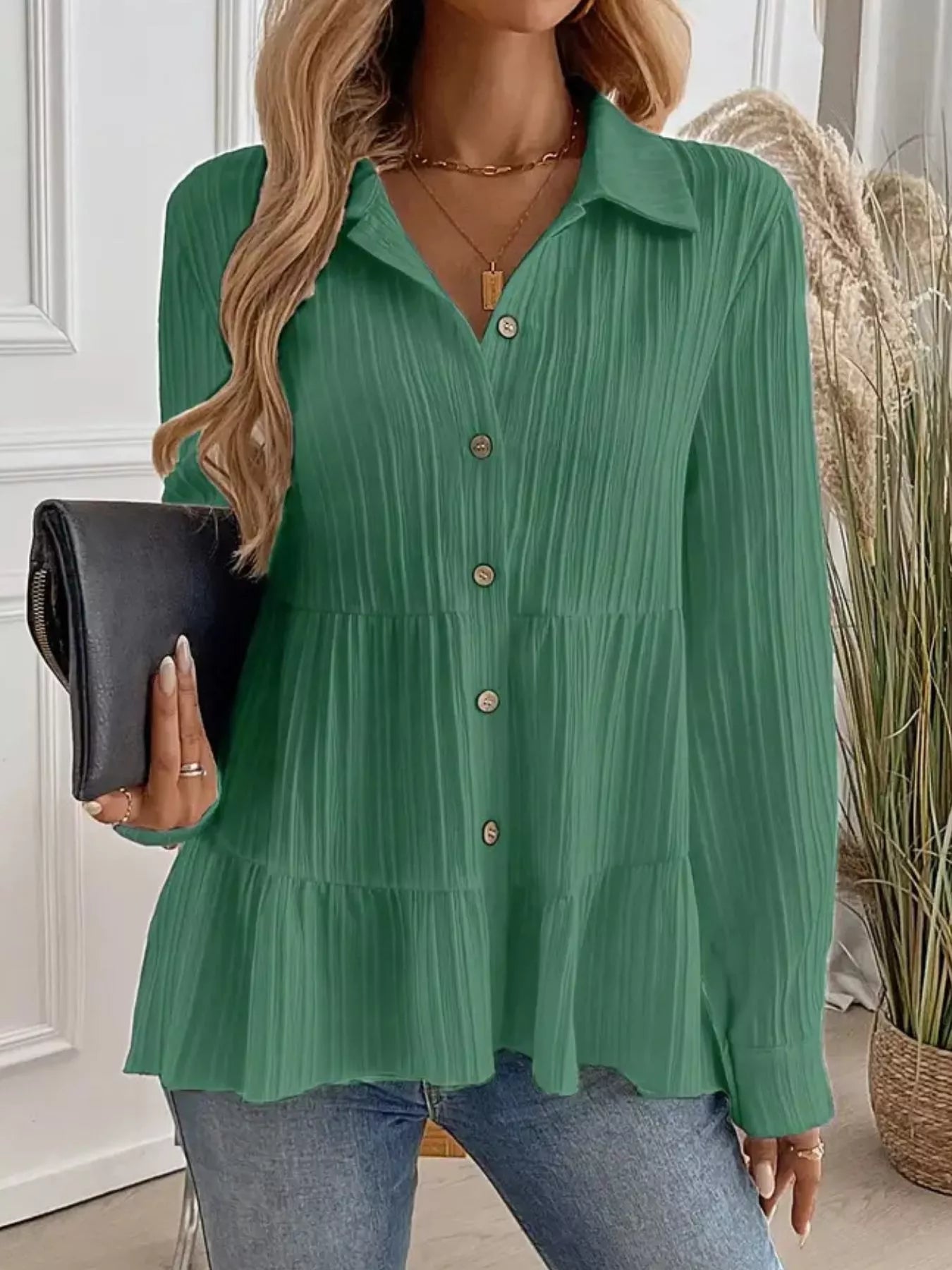 Button-Down Long Sleeve Tiered Shirt  Shop One Place