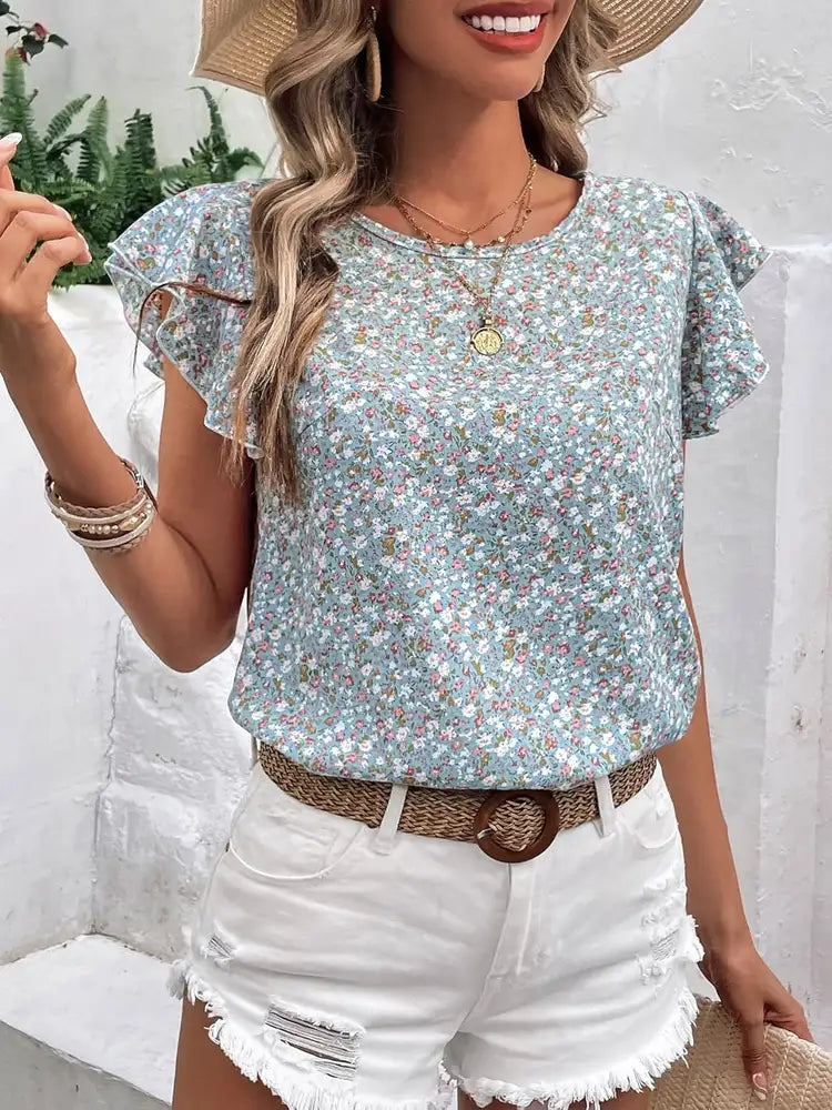 Ditsy Floral Round Neck Cap Sleeve Top  Shop One Place