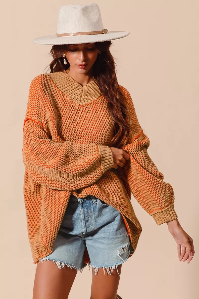 SO ME Oversized Two Tone Textured V Neck Sweater  Shop One Place