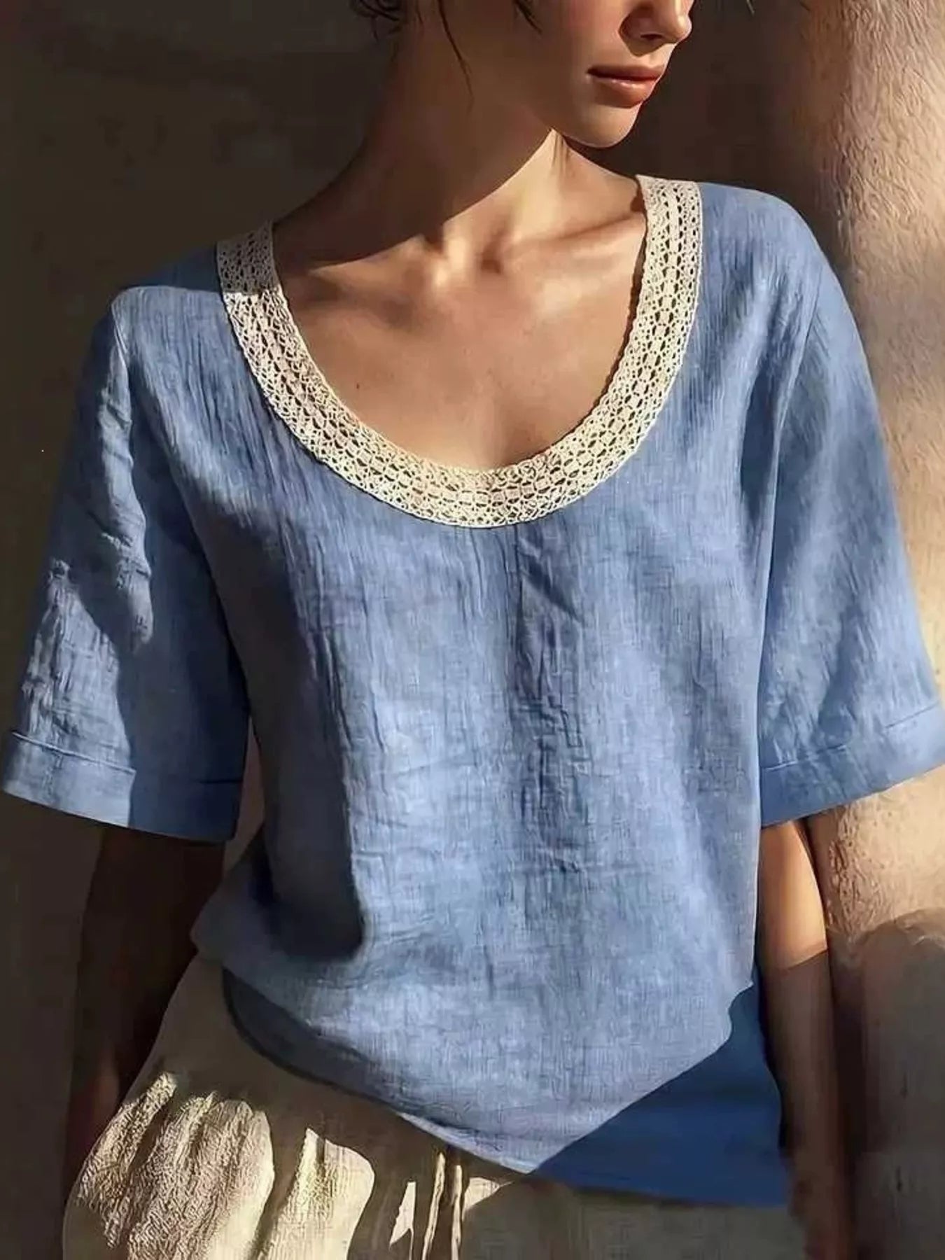 Full Size Lace Trim Short Sleeve Blouse Plus Size  Shop One Place