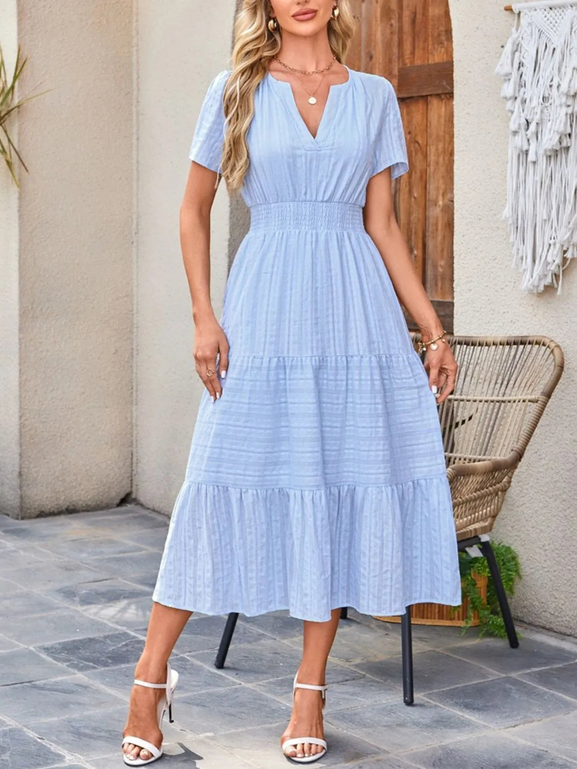 Tiered Notched Short Sleeve Dress  Shop One Place