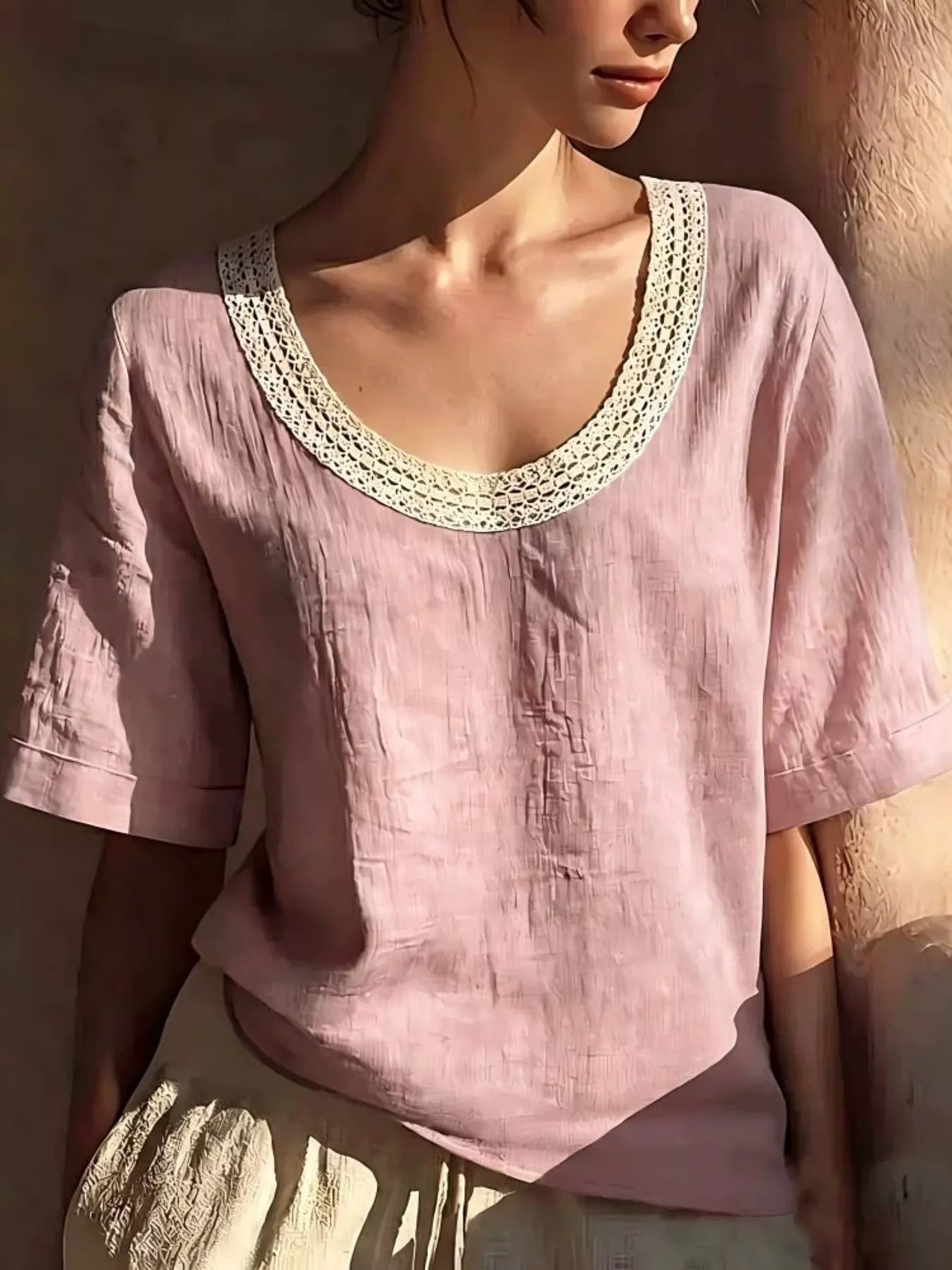 Full Size Lace Trim Short Sleeve Blouse Plus Size  Shop One Place