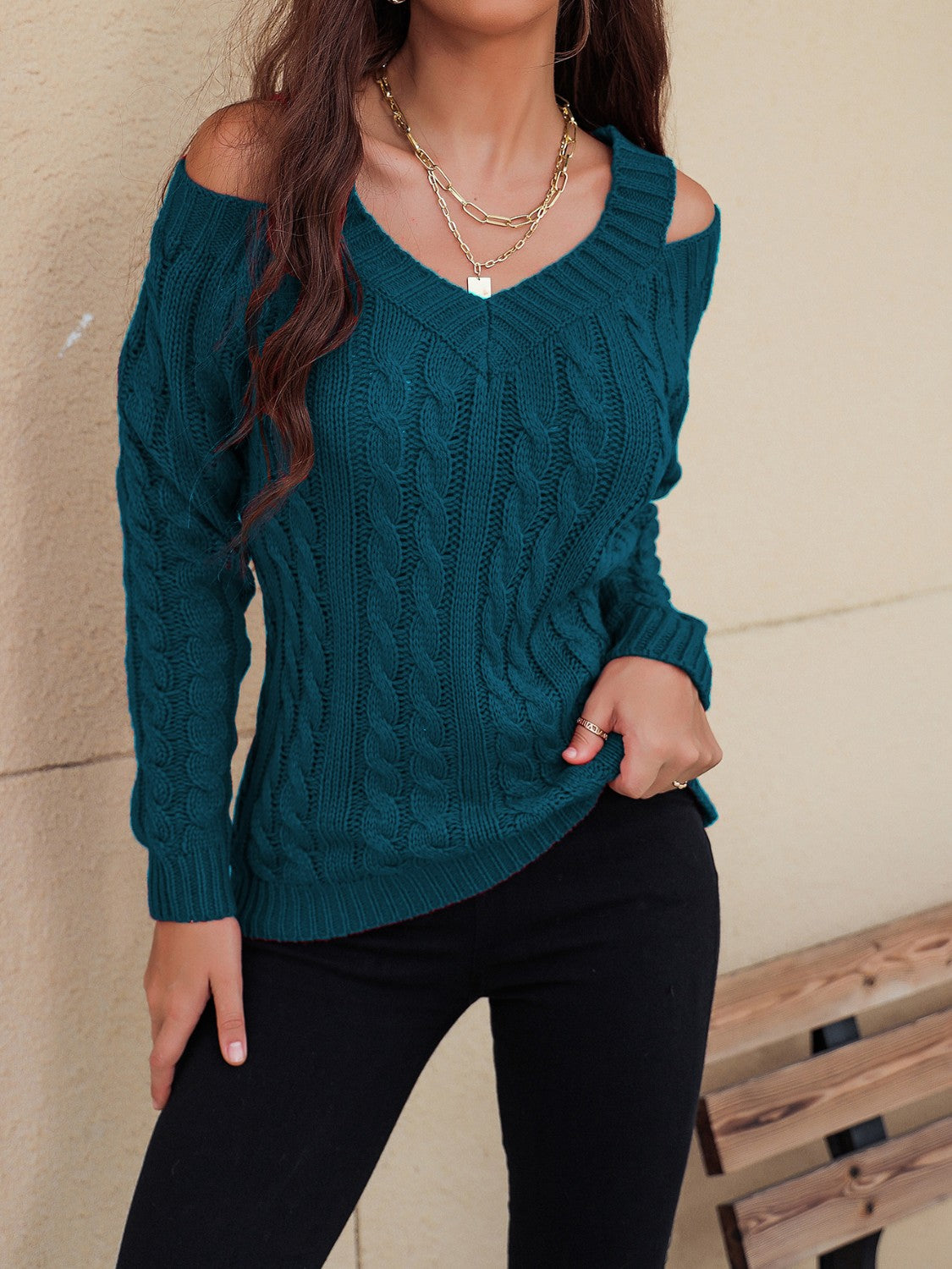 Honey Cable-Knit V-Neck Cold Shoulder Sweater