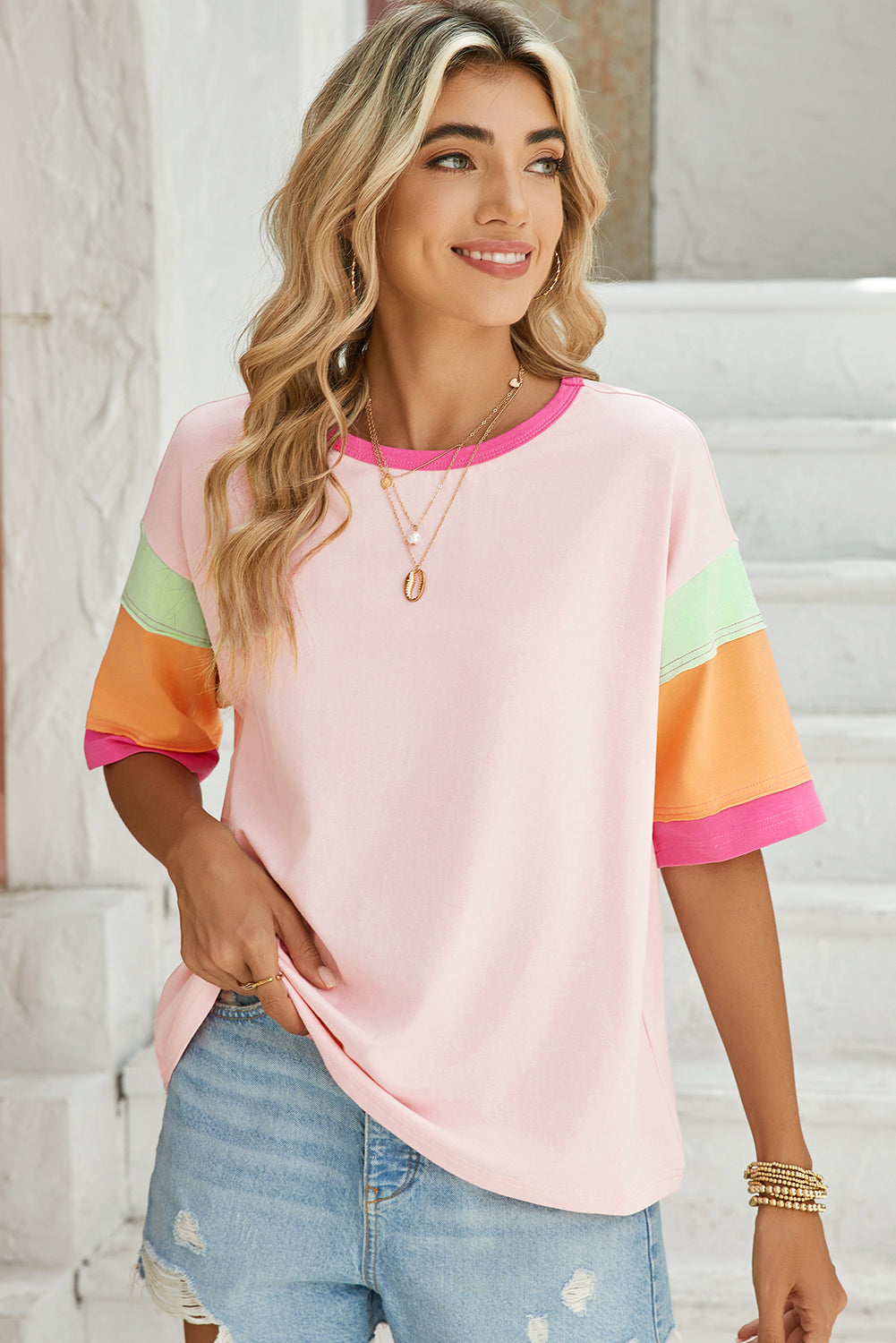 Green Color Block Sleeve Round Neck Oversize Top  Shop One Place