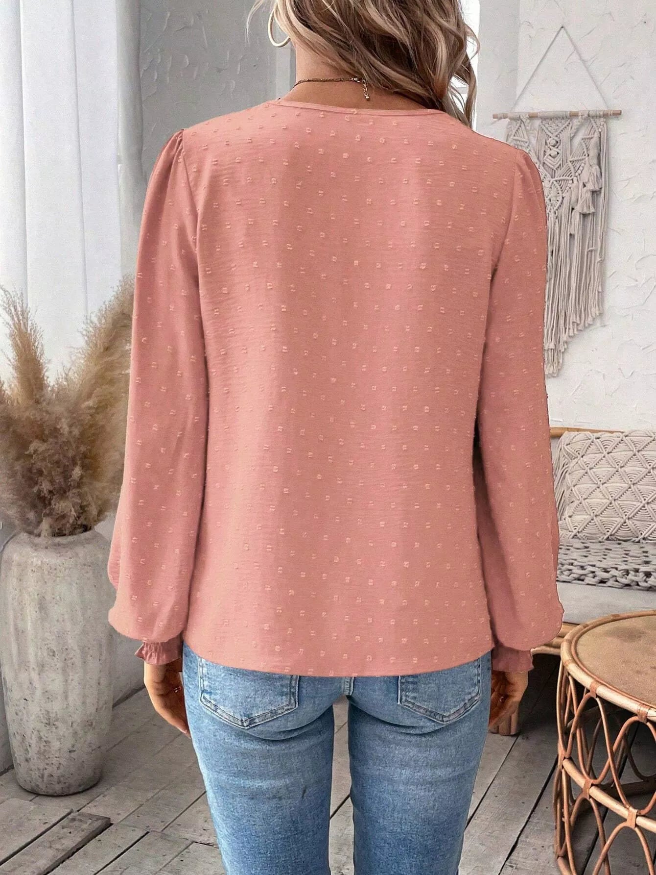 Swiss Dot Lace Detail Long Sleeve Blouse  Shop One Place
