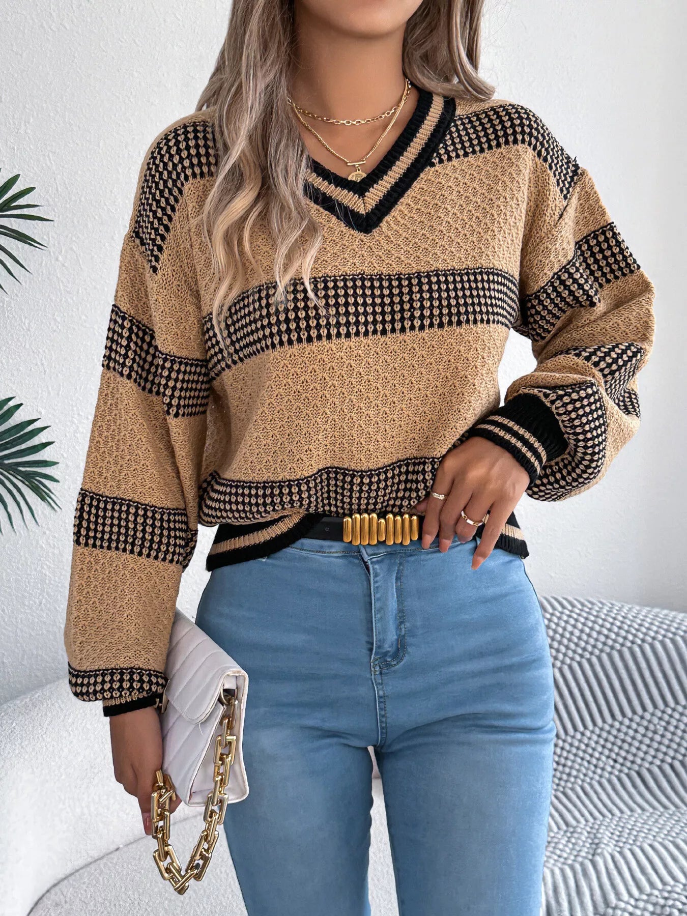 Contrast Striped V-Neck Sweater  Shop One Place