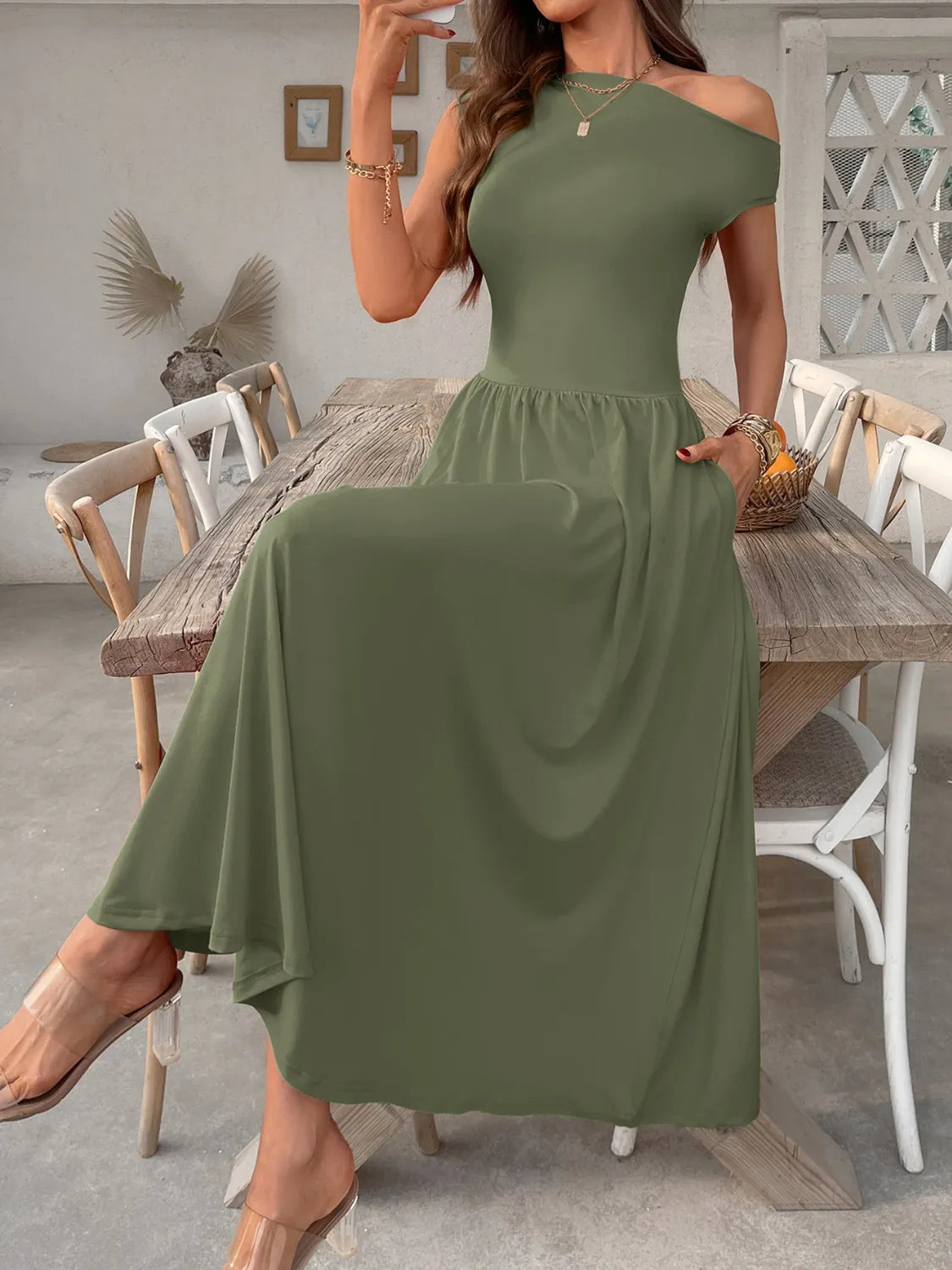 Single Shoulder Midi Dress with Pockets  Shop One Place