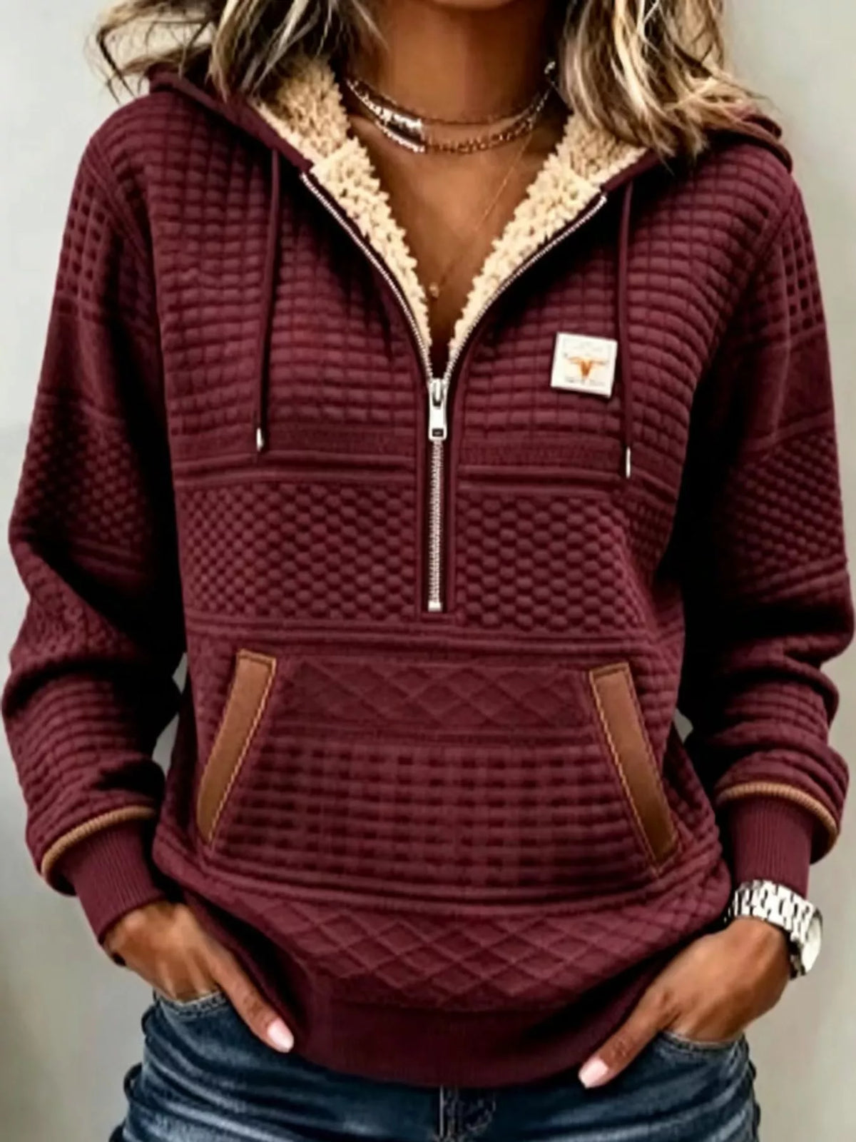Women's Half-Zip Textured Hoodie with Pockets – view 5