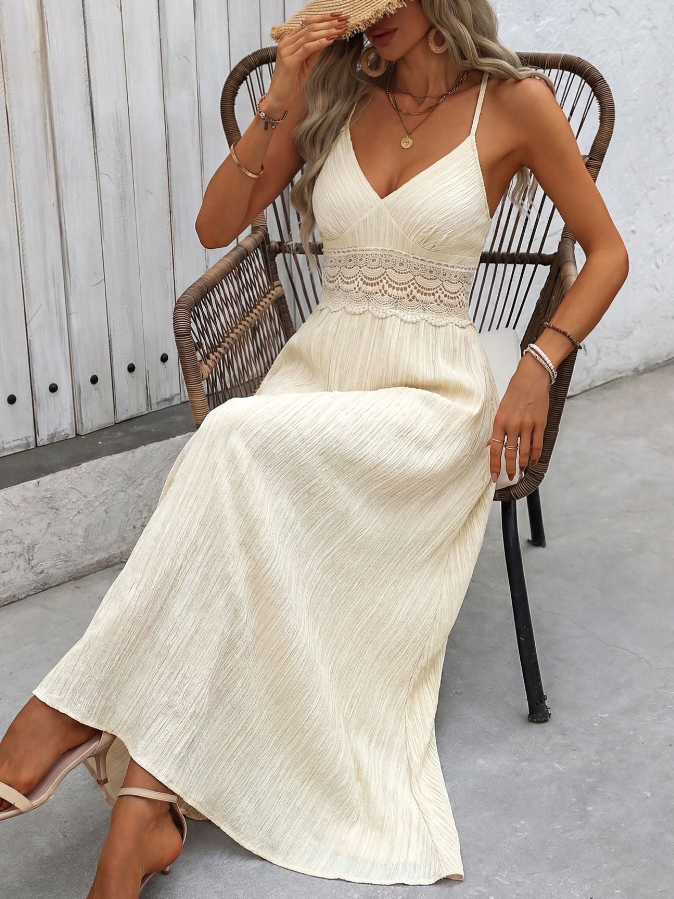 Lace Trim V-Neck Maxi Dress  Shop One Place