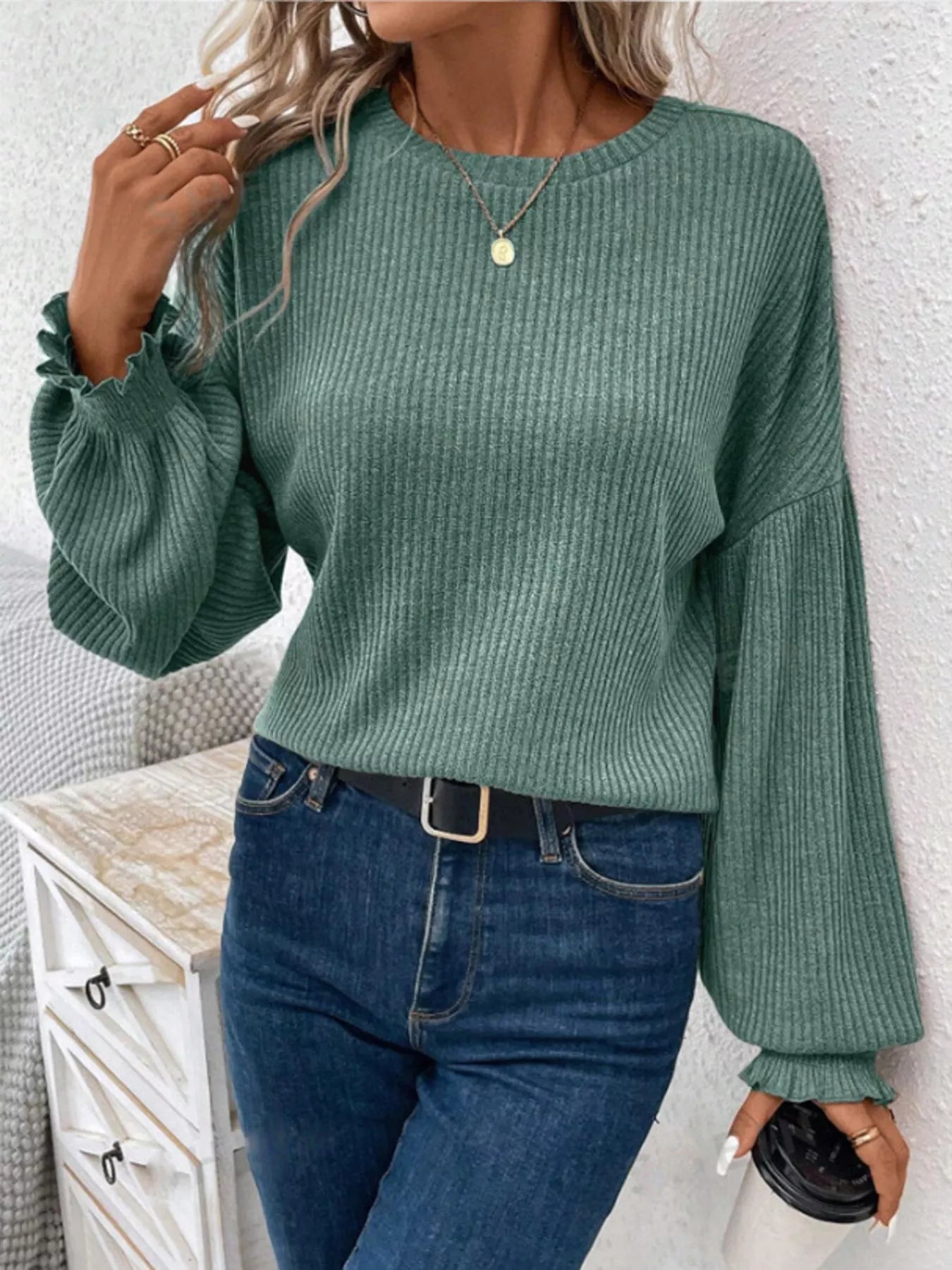 Ribbed Knit Long Sleeve T-Shirt  Shop One Place