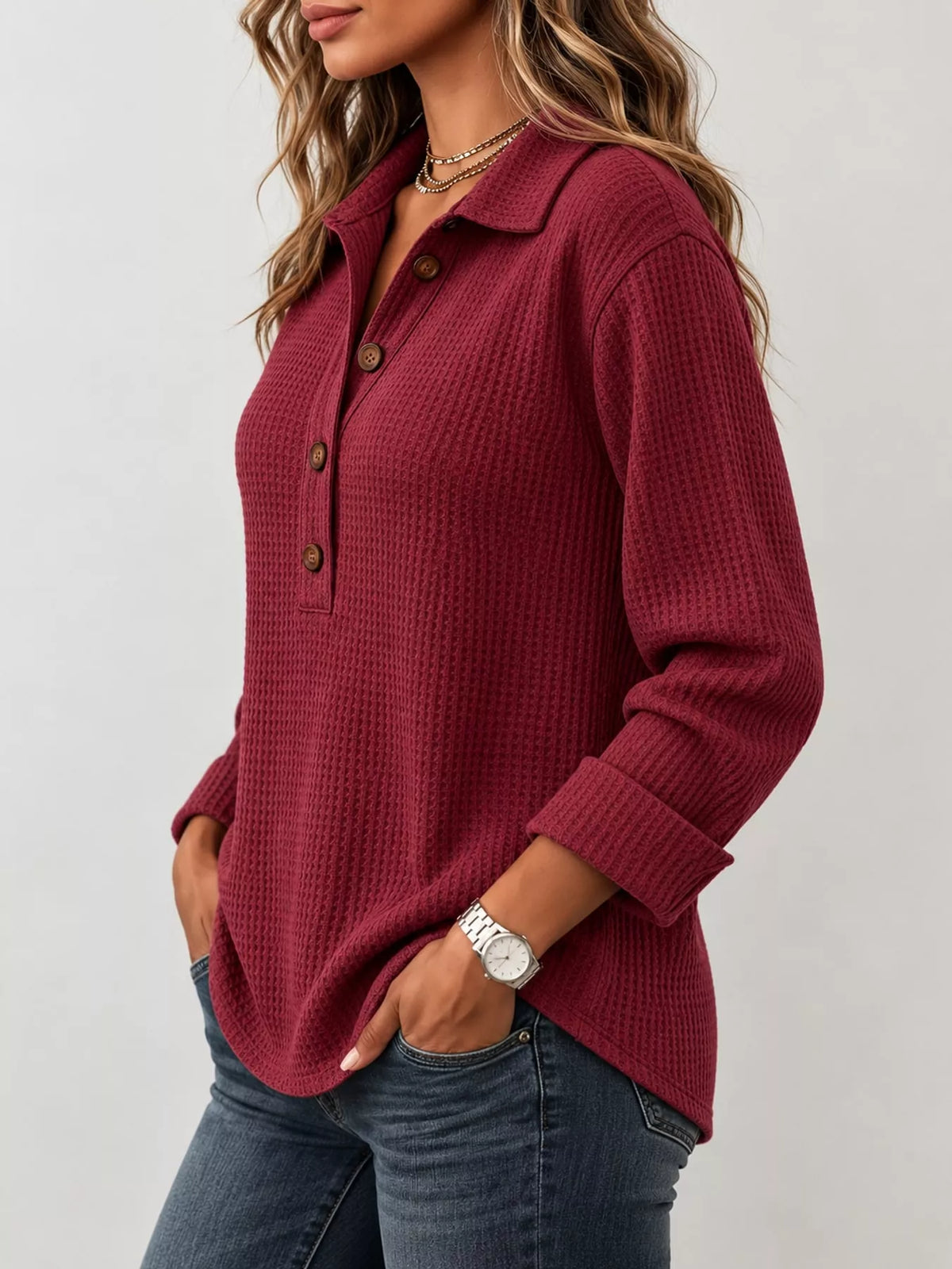 Women's Waffle Knit Long Sleeve Polo Top – view 14