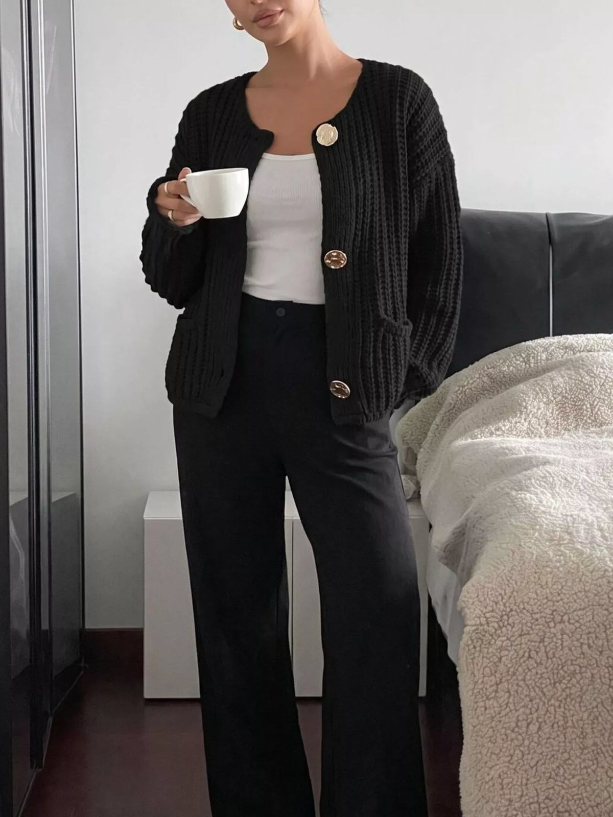 Ribbed Knit Cardigan with Gold-Tone Buttons  Shop One Place