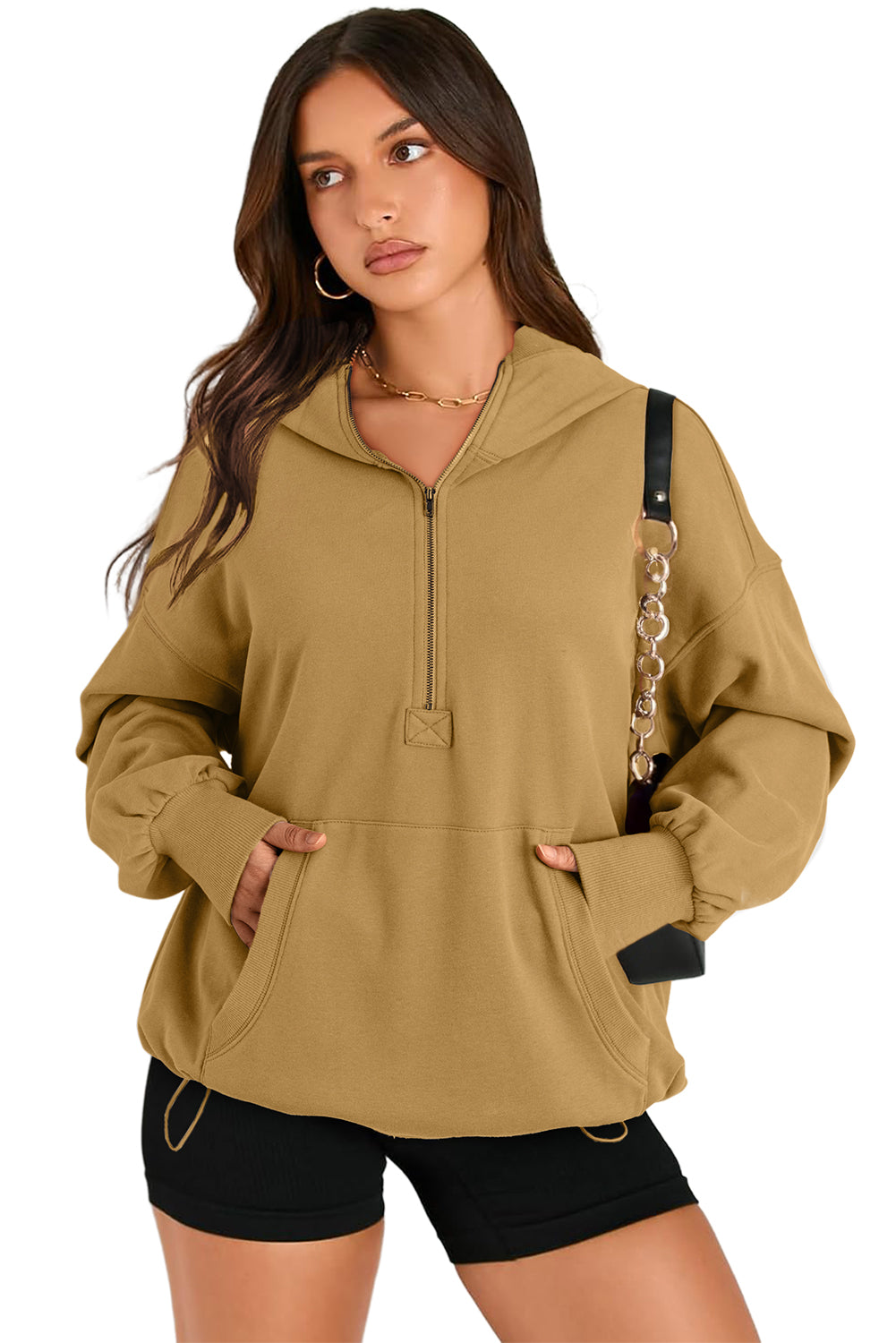 Moss Green Kangaroo Pocket Half Zipper Oversized Hoodie