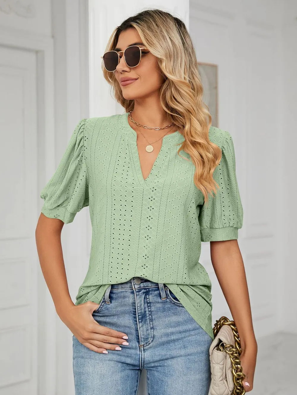 Florira Eyelet Notched Short Sleeve T-Shirt  Shop One Place