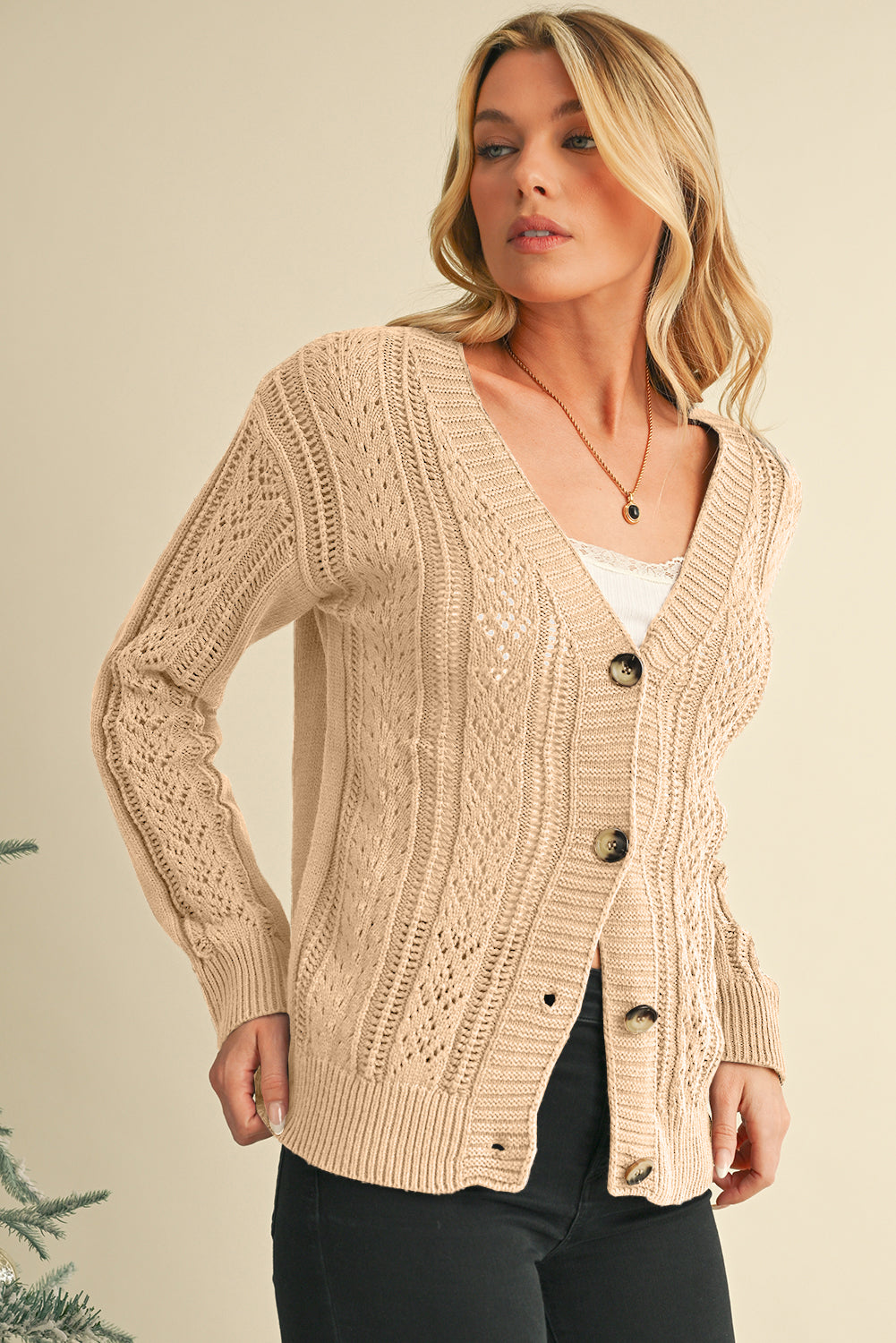 Dark Khaki Hollow Knit Drop Shoulder Cardigan  Shop One Place