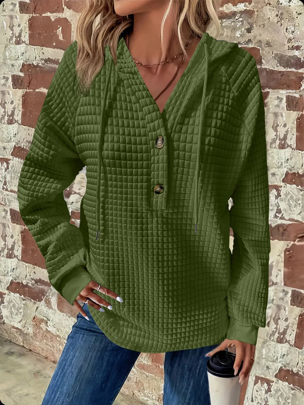 Full Size Texture Button Detail Drawstring Long Sleeve Hoodie  Shop One Place