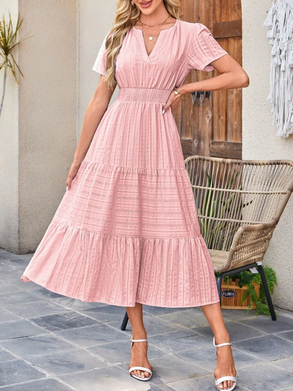 Tiered Notched Short Sleeve Dress  Shop One Place
