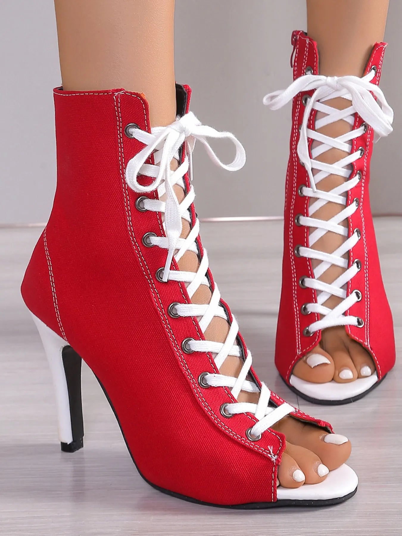 Canvas Lace-Up Peep Toe Stiletto Ankle Boots  Shop One Place