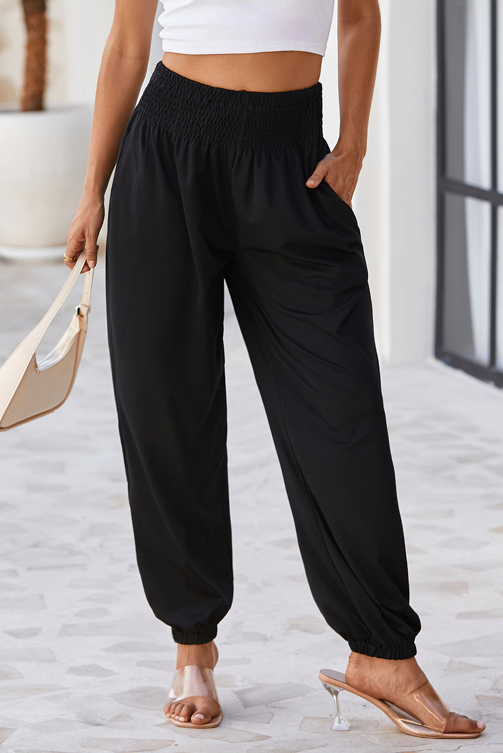 Black Pocketed Smocked High Waist Joggers