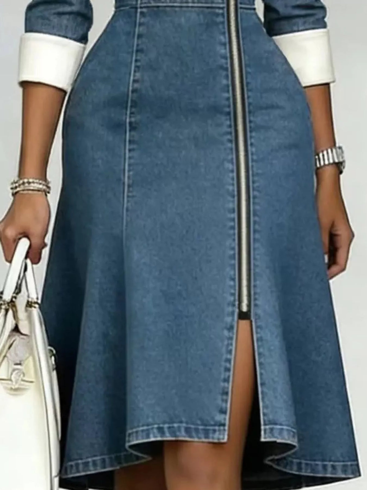 Full Size Contrast Lapel Zip-Front Denim Dress Plus Size  Shop One Place