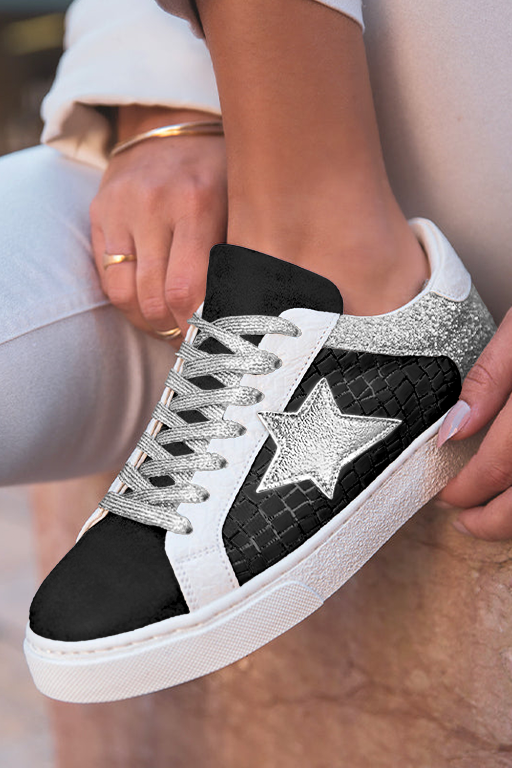 Gold Glitter Star Patchwork PU Leather Lace-up Sneakers  Shop One Place