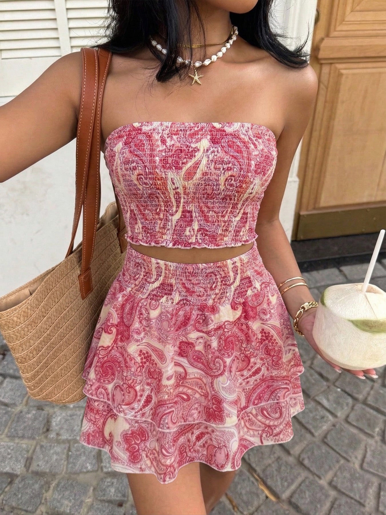 Paisley Print Tube Top and Ruffle Mini Skirt Set  Shop One Place