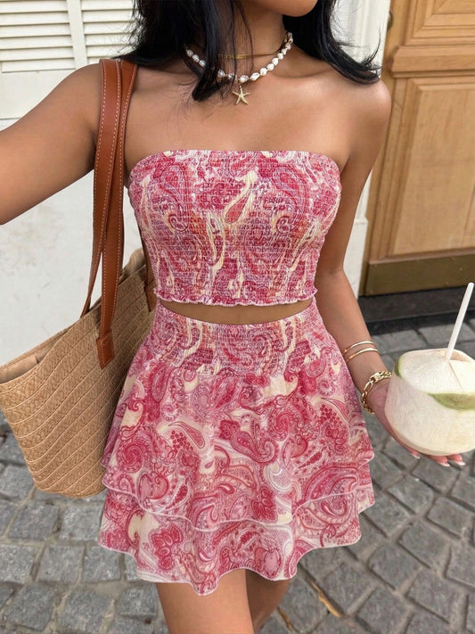 Paisley Print Tube Top and Ruffle Mini Skirt Set  Shop One Place