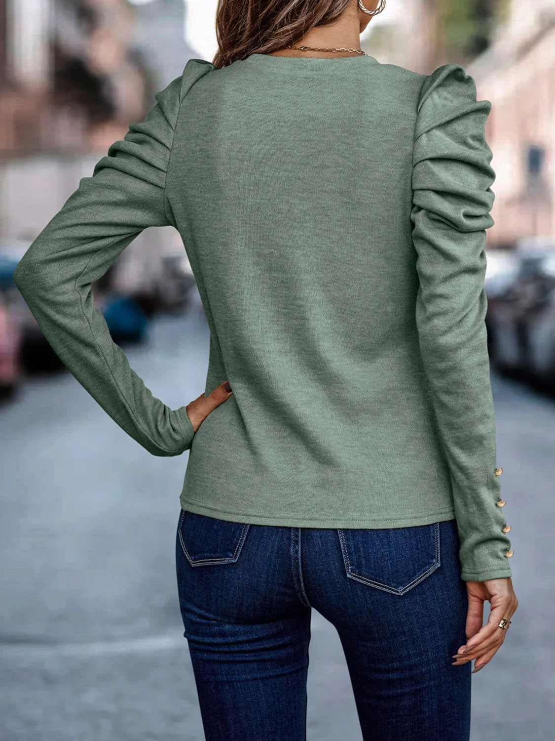 Decorative Button Puff Sleeve T-Shirt  Shop One Place