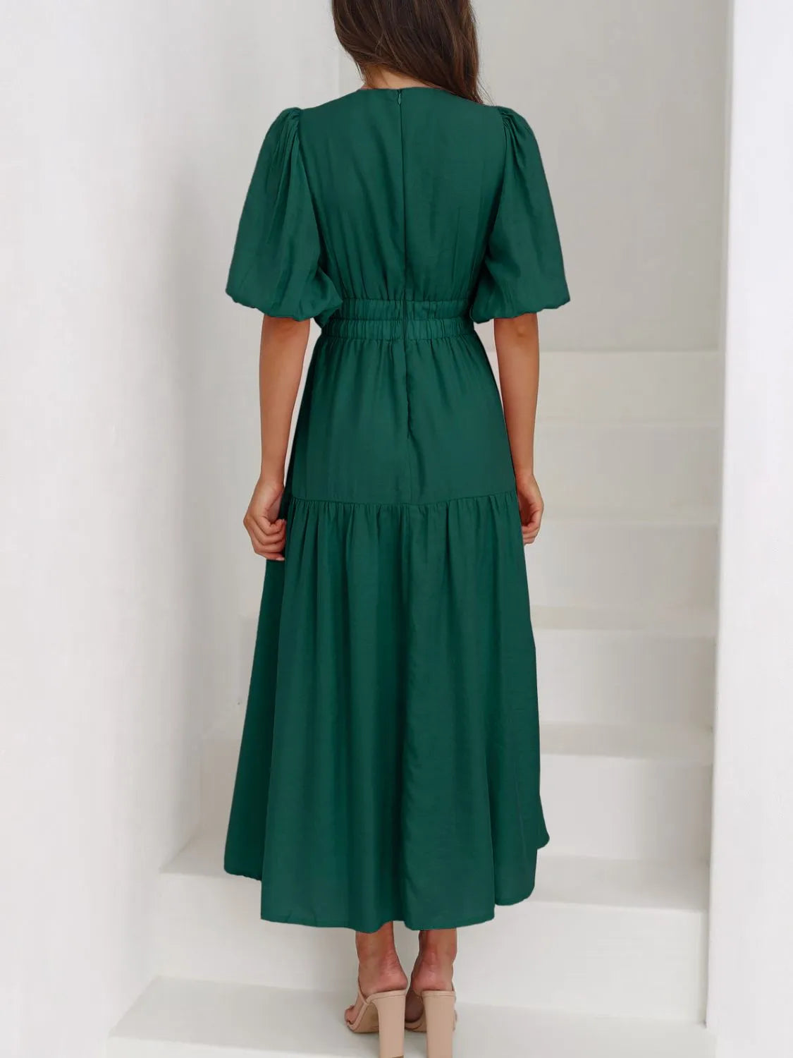 V-Neck Puff Sleeve Midi Dress  Shop One Place