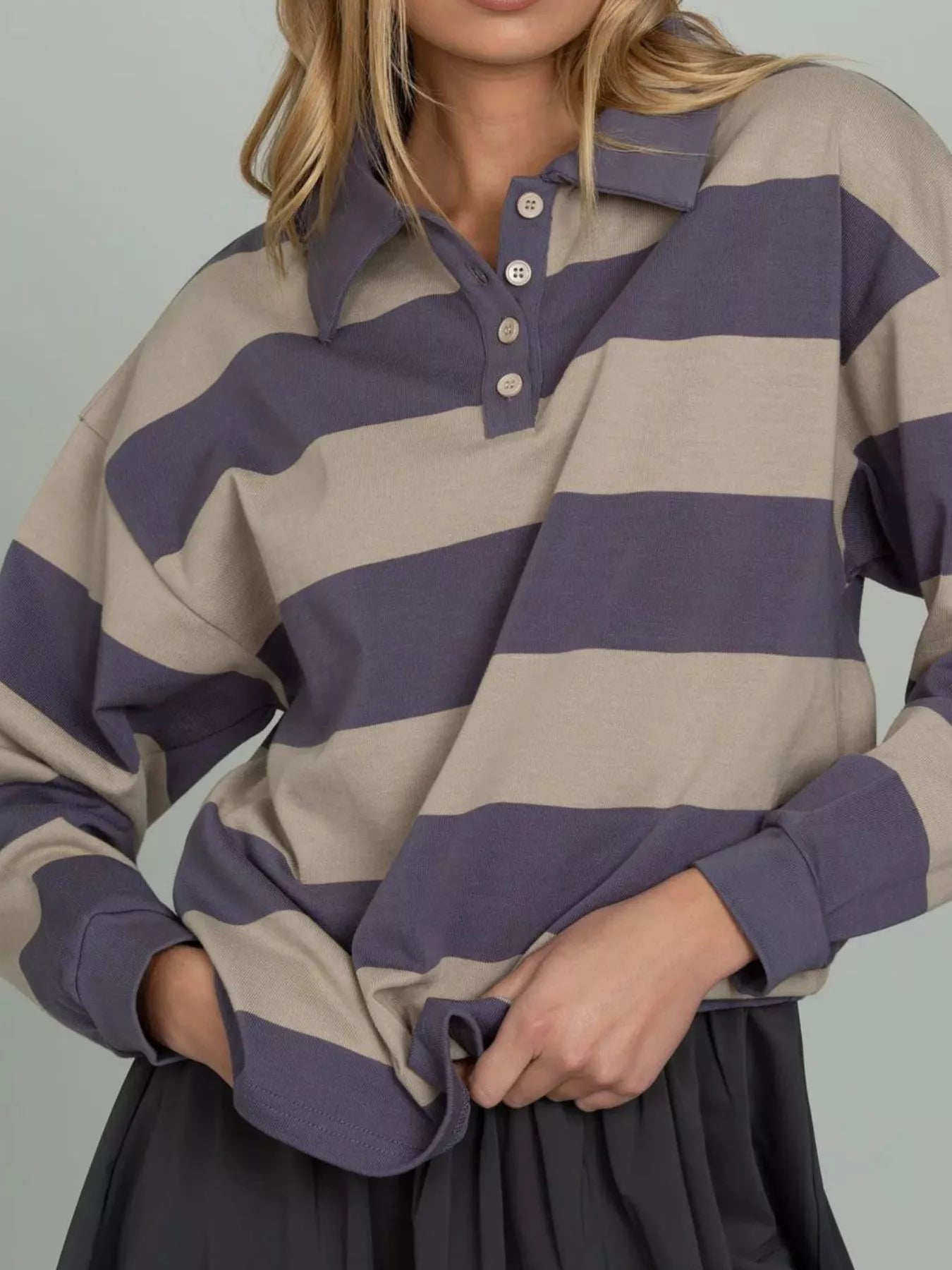 Striped Polo Collar Sweatshirt with Button Details  Shop One Place
