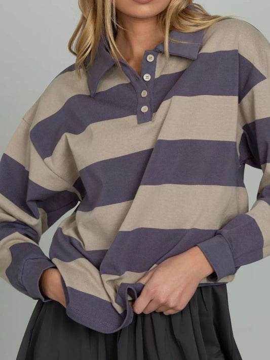Striped Polo Collar Sweatshirt with Button Details  Shop One Place