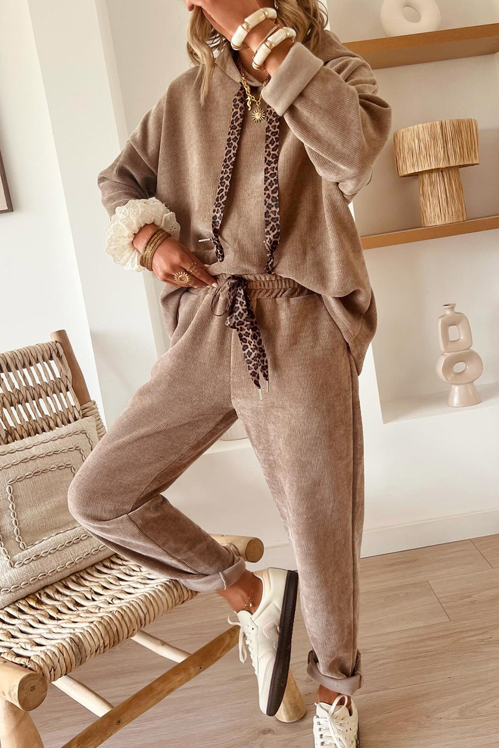Jet Stream Drawstring Pullover Hoodie and High Waist Pants Corduroy Suit  Shop One Place