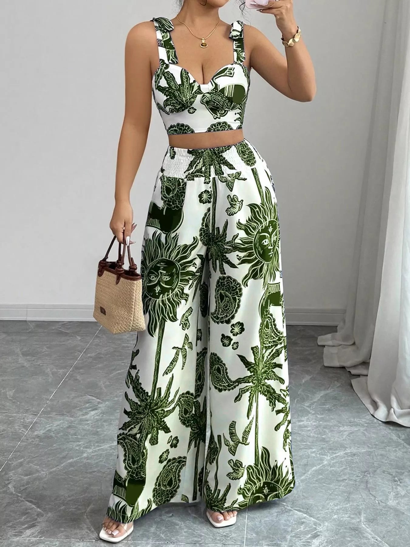 Floral Print Smocked Crop Top & Wide-Leg Pants Set – Women’s Two-Piece Outfit  Shop One Place