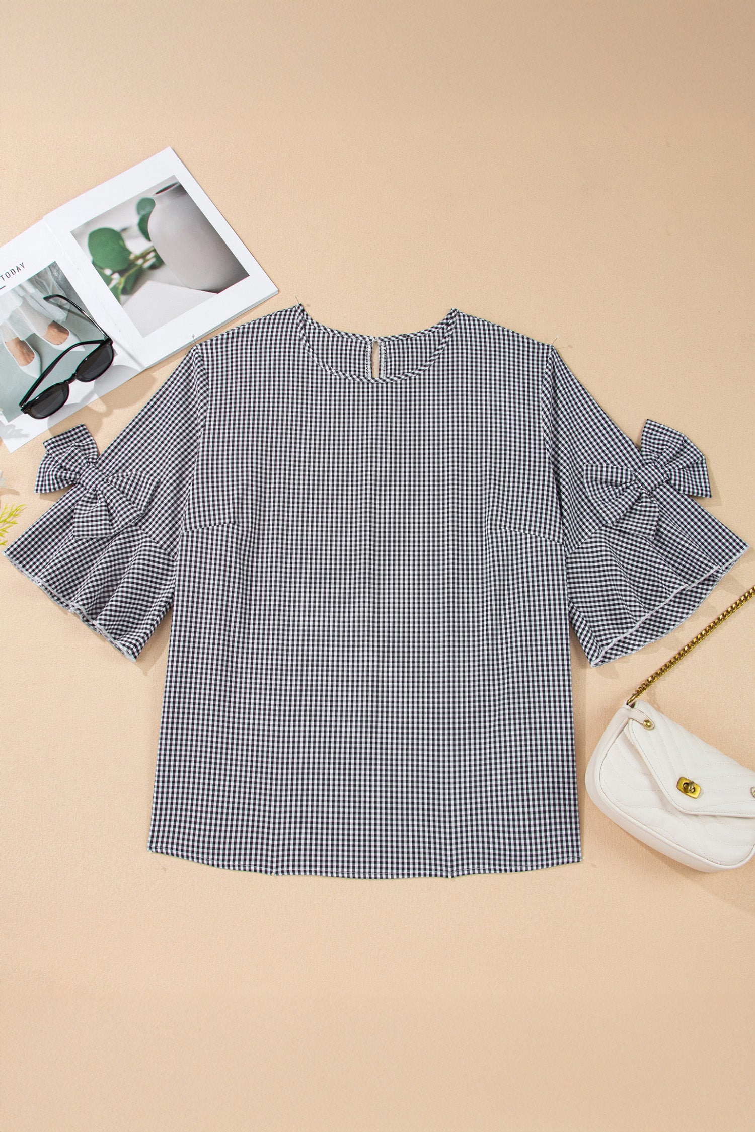 Black Plus Size Plaid Bow Decor Bell Sleeve Round Neck Jumper  Shop One Place