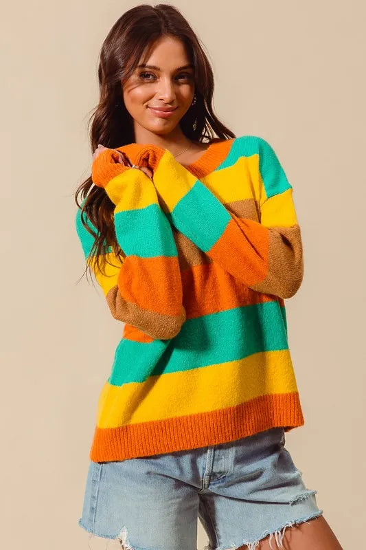 SO ME Multi Color Stripe Sweater with Ribbed Detail  Shop One Place