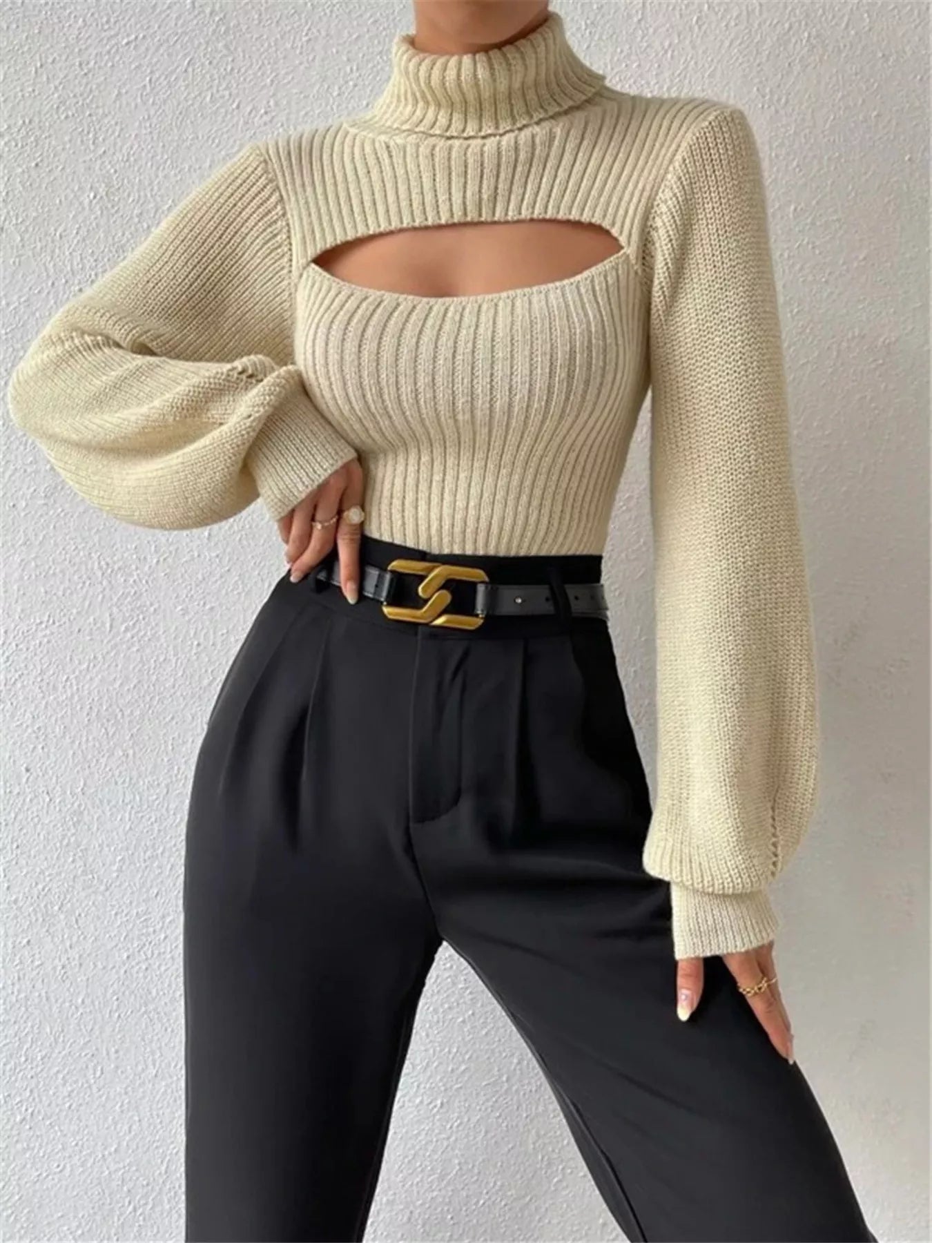 Cutout Front Turtleneck Long Sleeve Sweater  Shop One Place