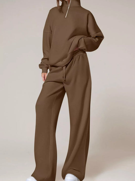 Half-Zip Sweatshirt and Wide-Leg Sweatpants Set  Shop One Place