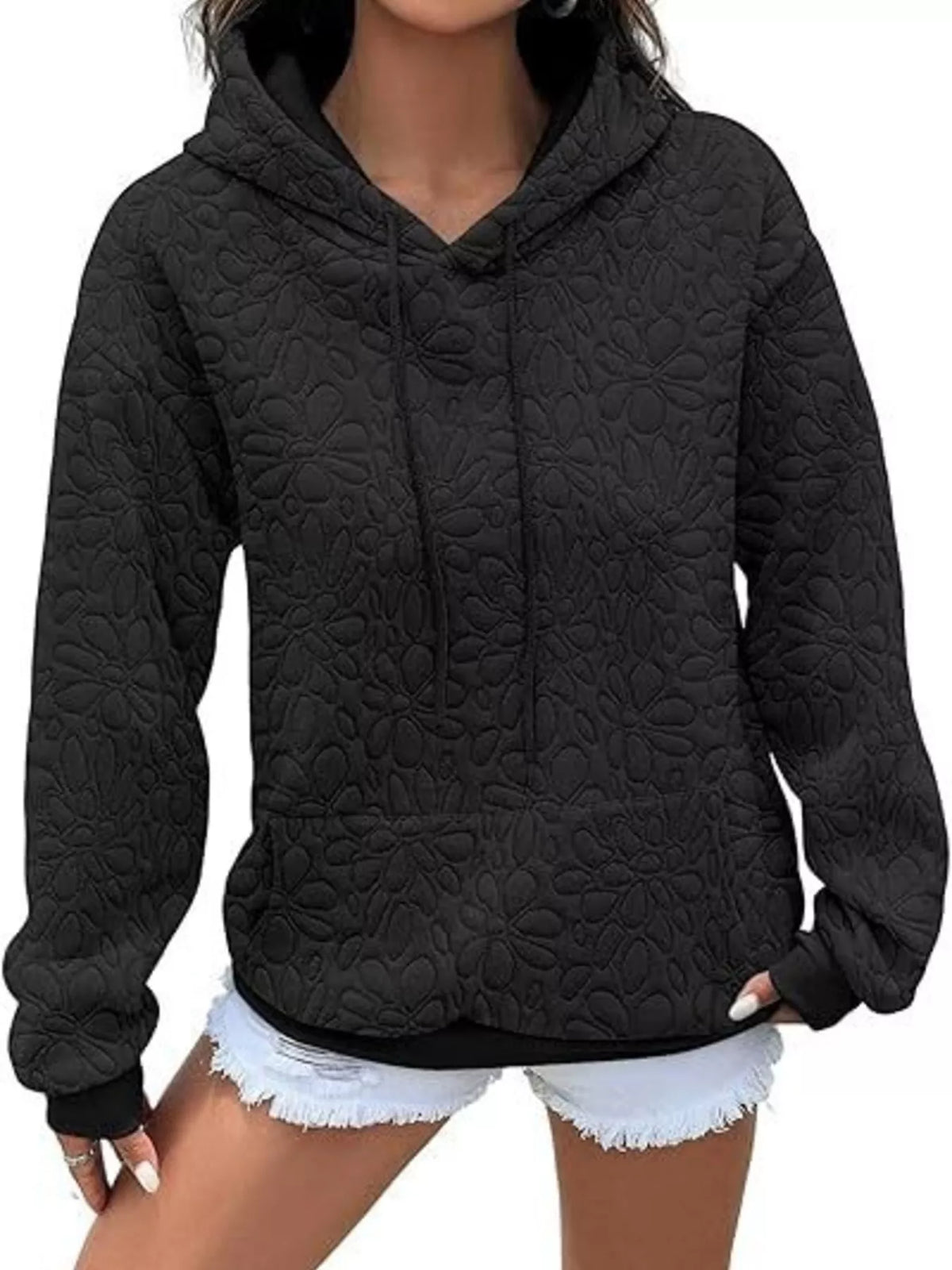 Women's Floral Embossed Drawstring Hoodie – view 3